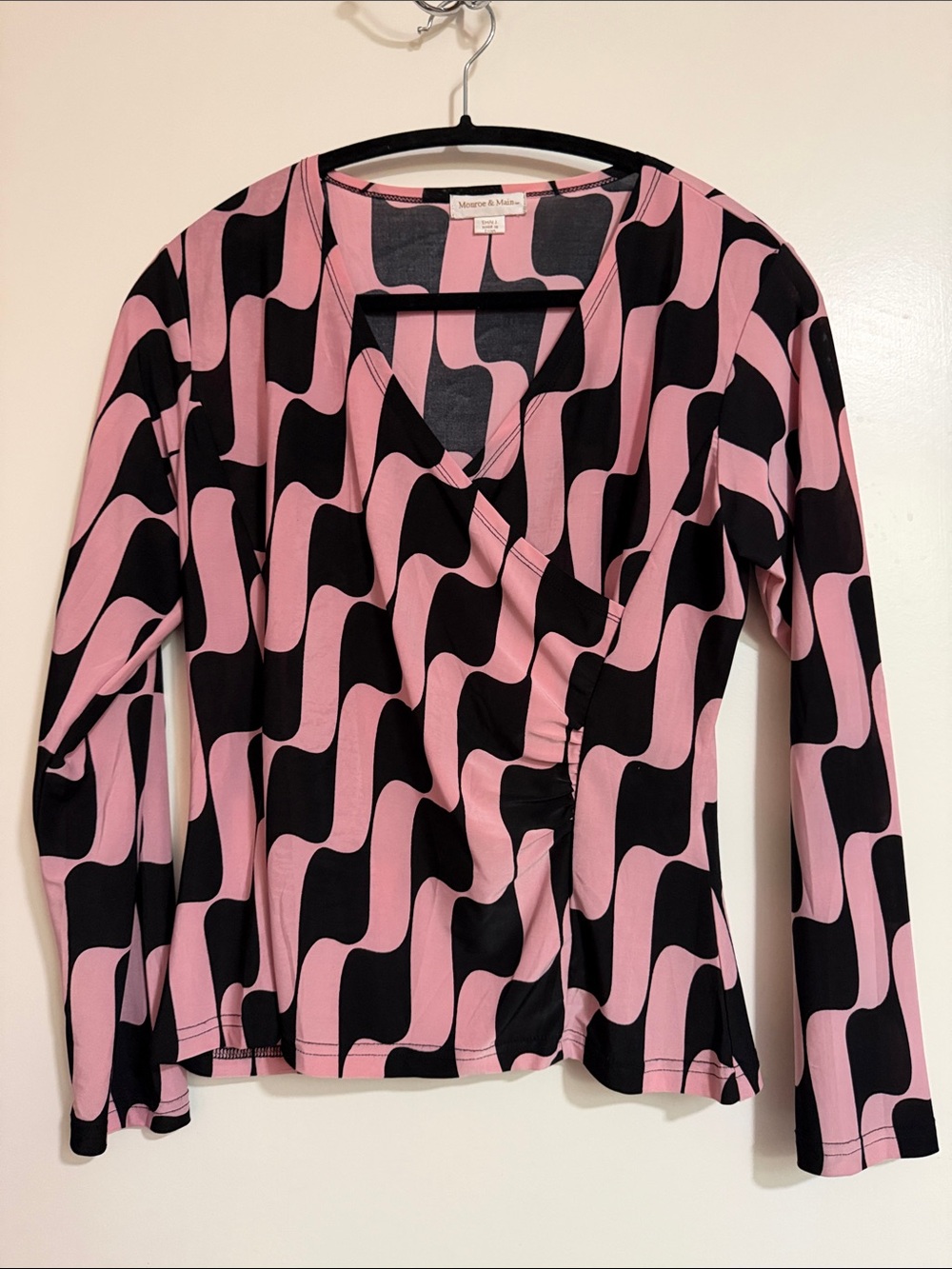Monroe & Main Pink and Black Geometric Wrap-Style Long Sleeve Top